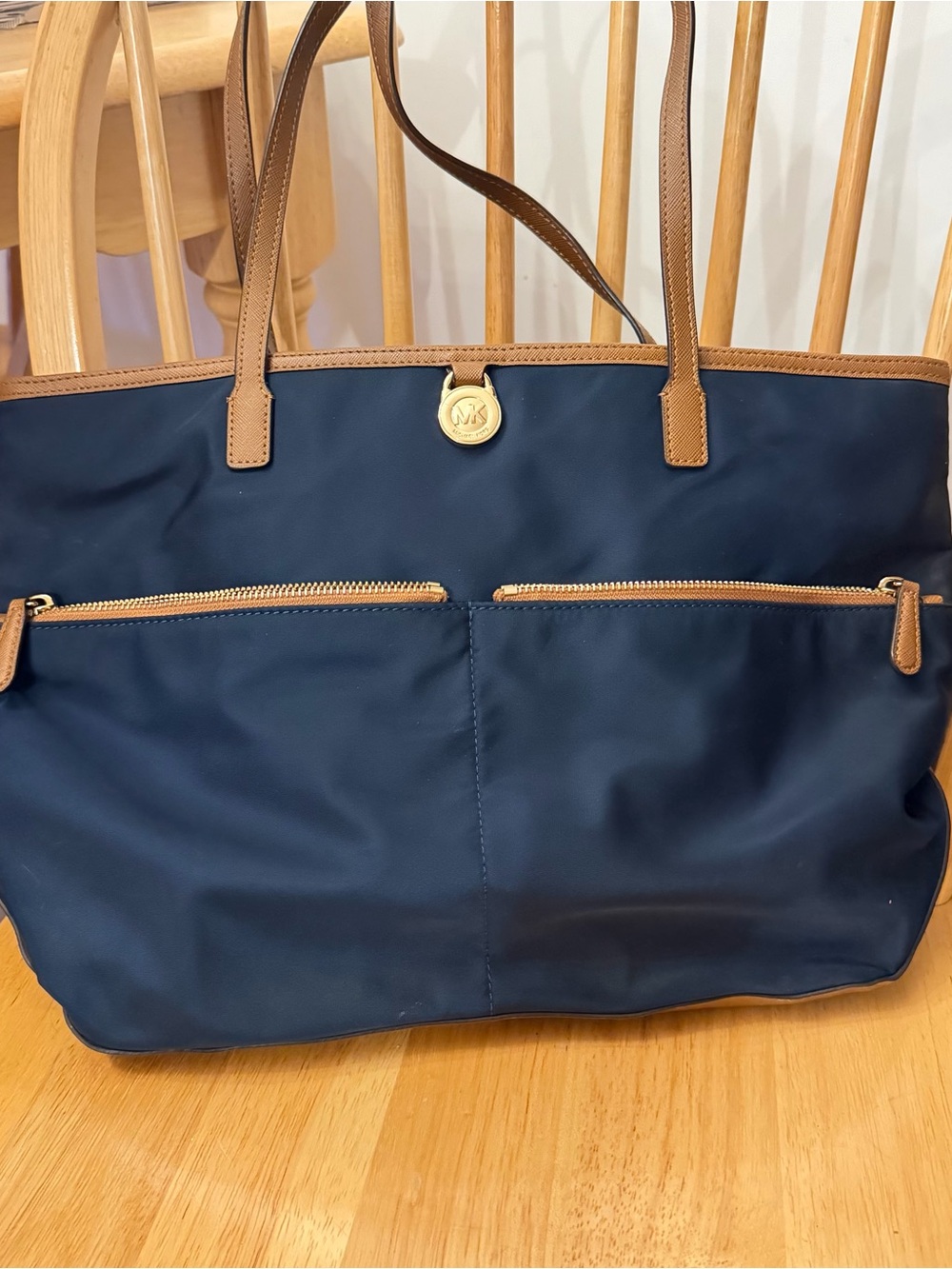 Michael Kors Navy Tote with Tan Trim and Gold Accent